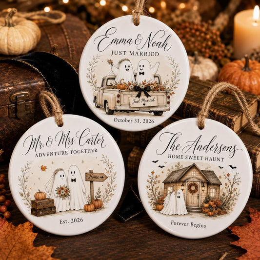 Personalized Ghost Wedding Halloween Ornament, Custom Ceramic Newlywed Ornament, Just Married Gift, First Halloween Married Keepsake