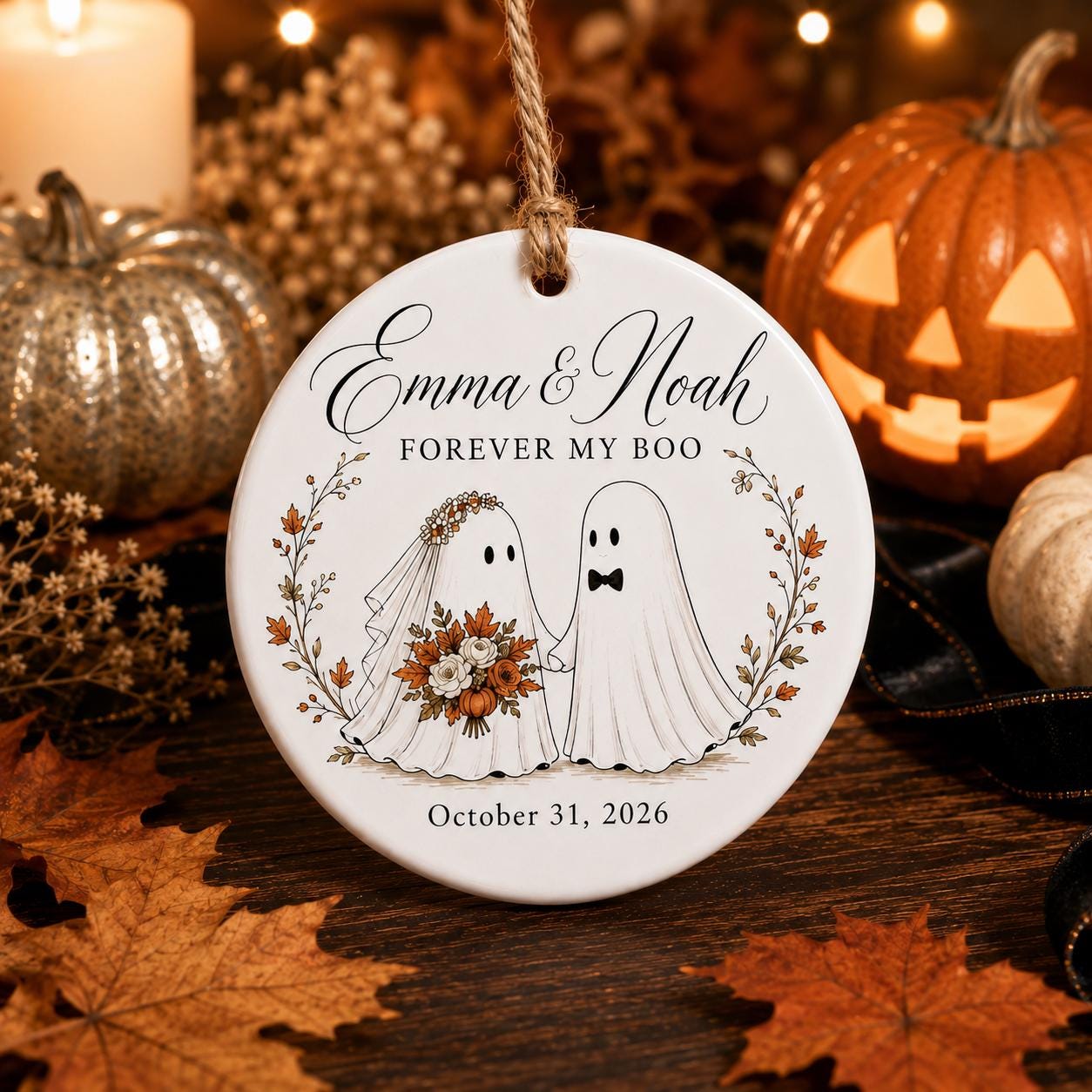 Personalized Ghost Couple Halloween Ornament, Custom Ceramic Wedding Ornament, Spooky Newlywed Gift, First Halloween Married Keepsake