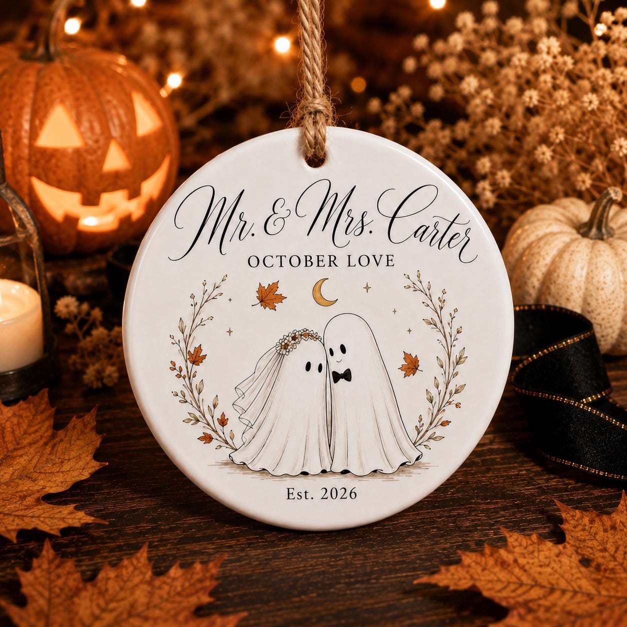 Personalized Ghost Couple Halloween Ornament, Custom Ceramic Wedding Ornament, Spooky Newlywed Gift, First Halloween Married Keepsake