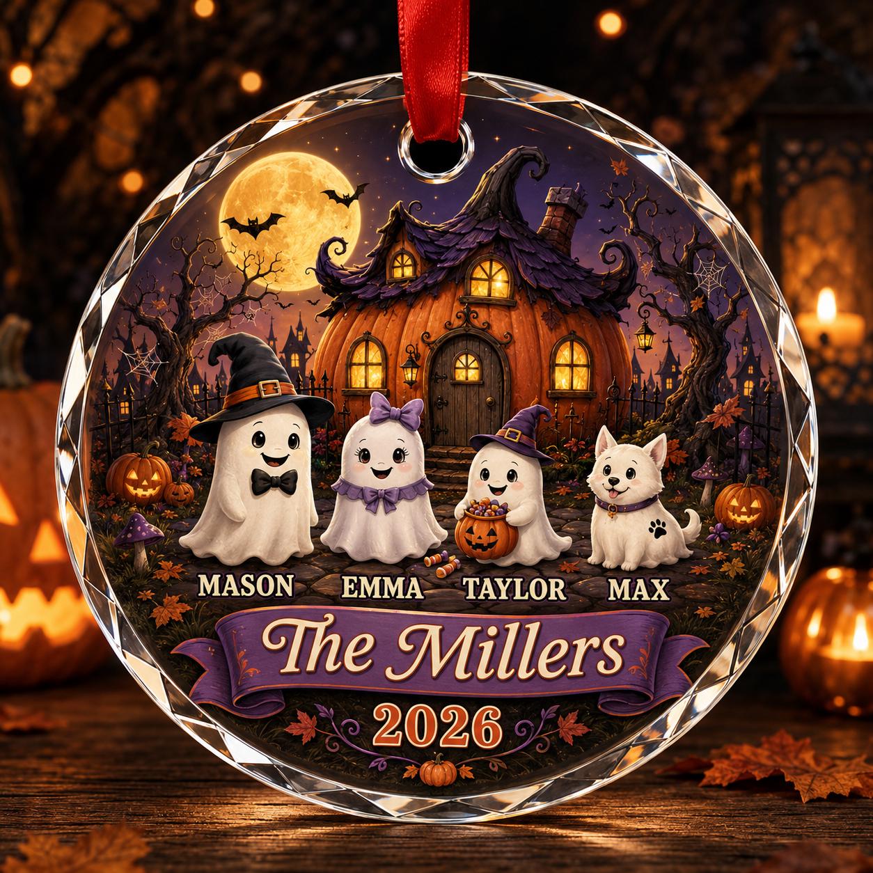 Personalized Halloween Family Glass Ornament, Custom Ghost Pumpkin House Crystal Ornament, Family Name Halloween Keepsake Gift 2026 Ornament