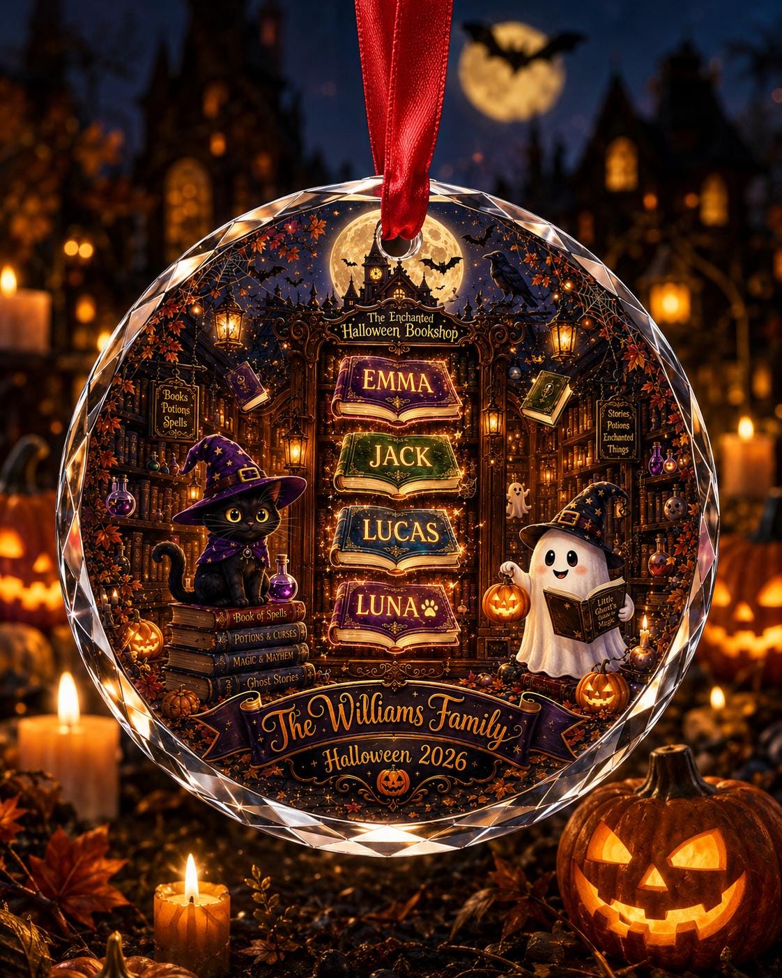 Personalized Halloween Book Ornament, Custom Family Library Glass Ornament, Halloween Bookshelf Crystal Keepsake Gift for Readers Halloween