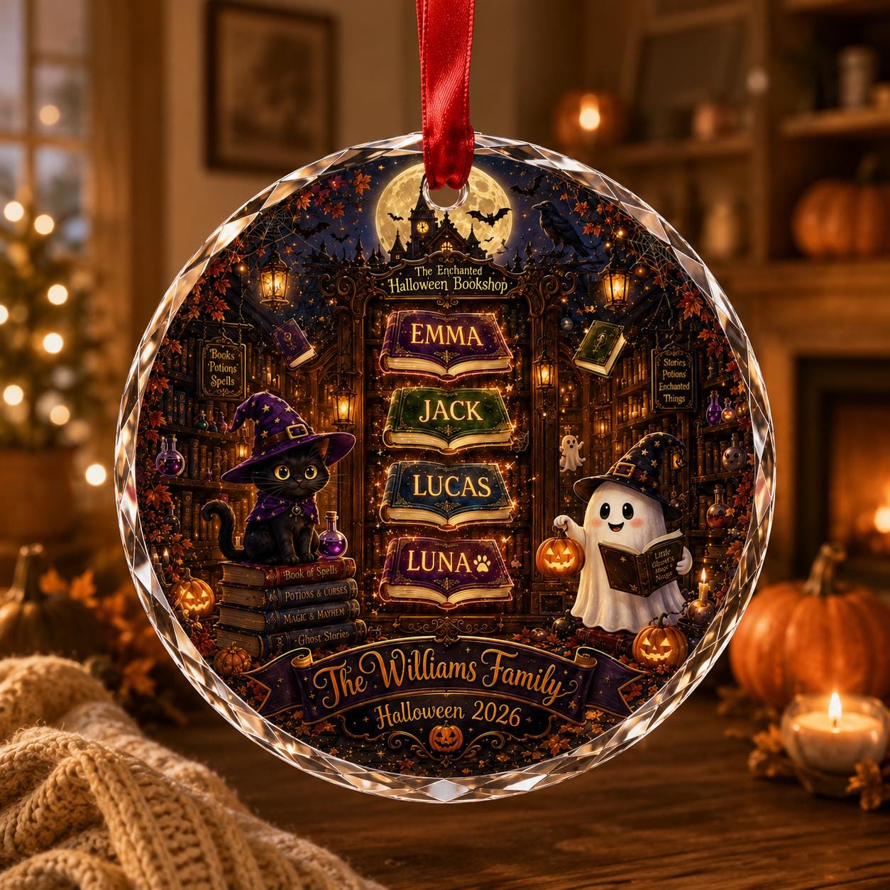 Personalized Halloween Book Ornament, Custom Family Library Glass Ornament, Halloween Bookshelf Crystal Keepsake Gift for Readers Halloween