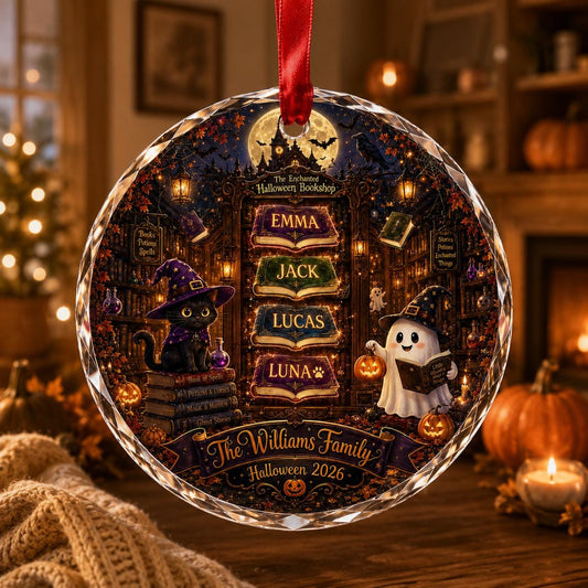 Personalized Halloween Book Ornament, Custom Family Library Glass Ornament, Halloween Bookshelf Crystal Keepsake Gift for Readers Halloween