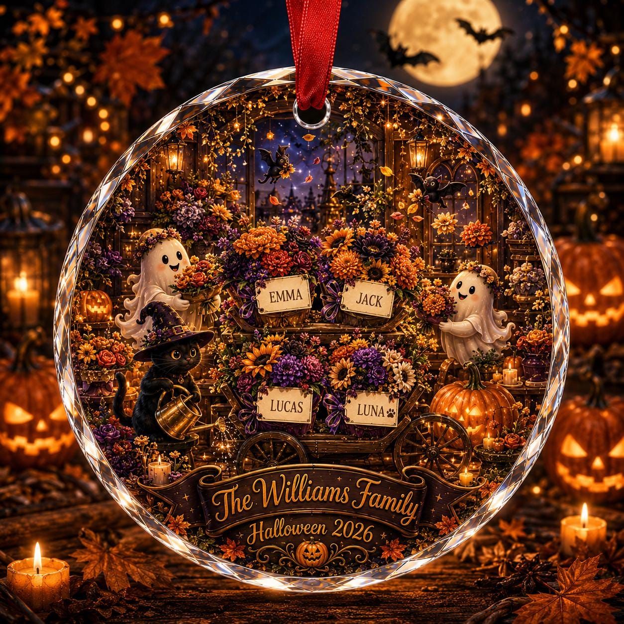 Personalized Halloween Flower Shop Glass Ornament, Custom Ghost Family Ornament, Black Cat Keepsake, Halloween Tree Decor Gift Florist