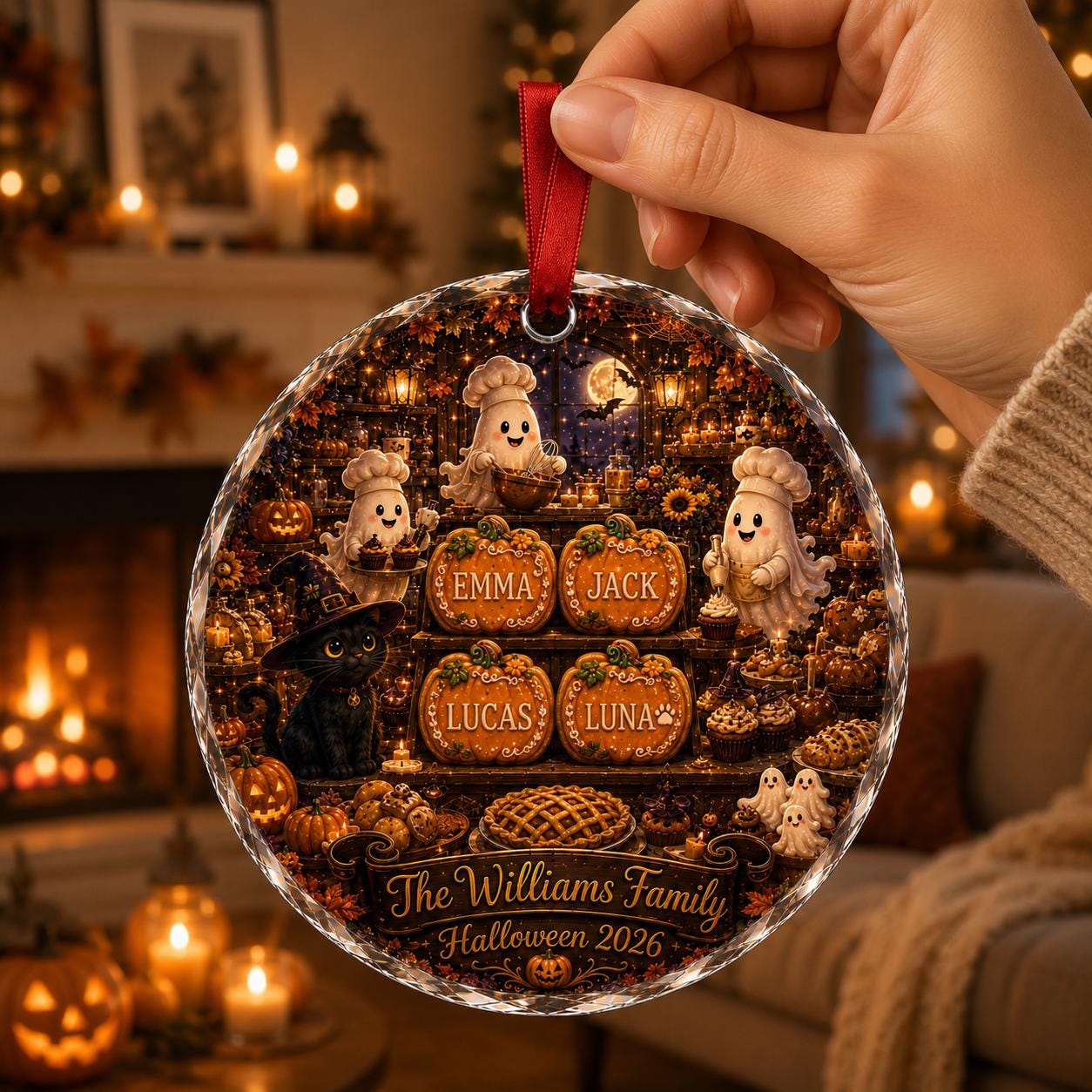 Personalized Halloween Bakery Glass Ornament, Custom Ghost Baker Family Ornament, Pumpkin Cookie Keepsake, Black Cat Halloween Gift 2026