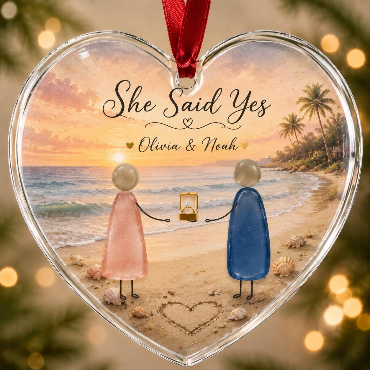 Personalized Engagement Glass Ornament, She Said Yes Heart Ornament, Custom Couple Beach Proposal Keepsake, Engagement Gift Ornament 2026