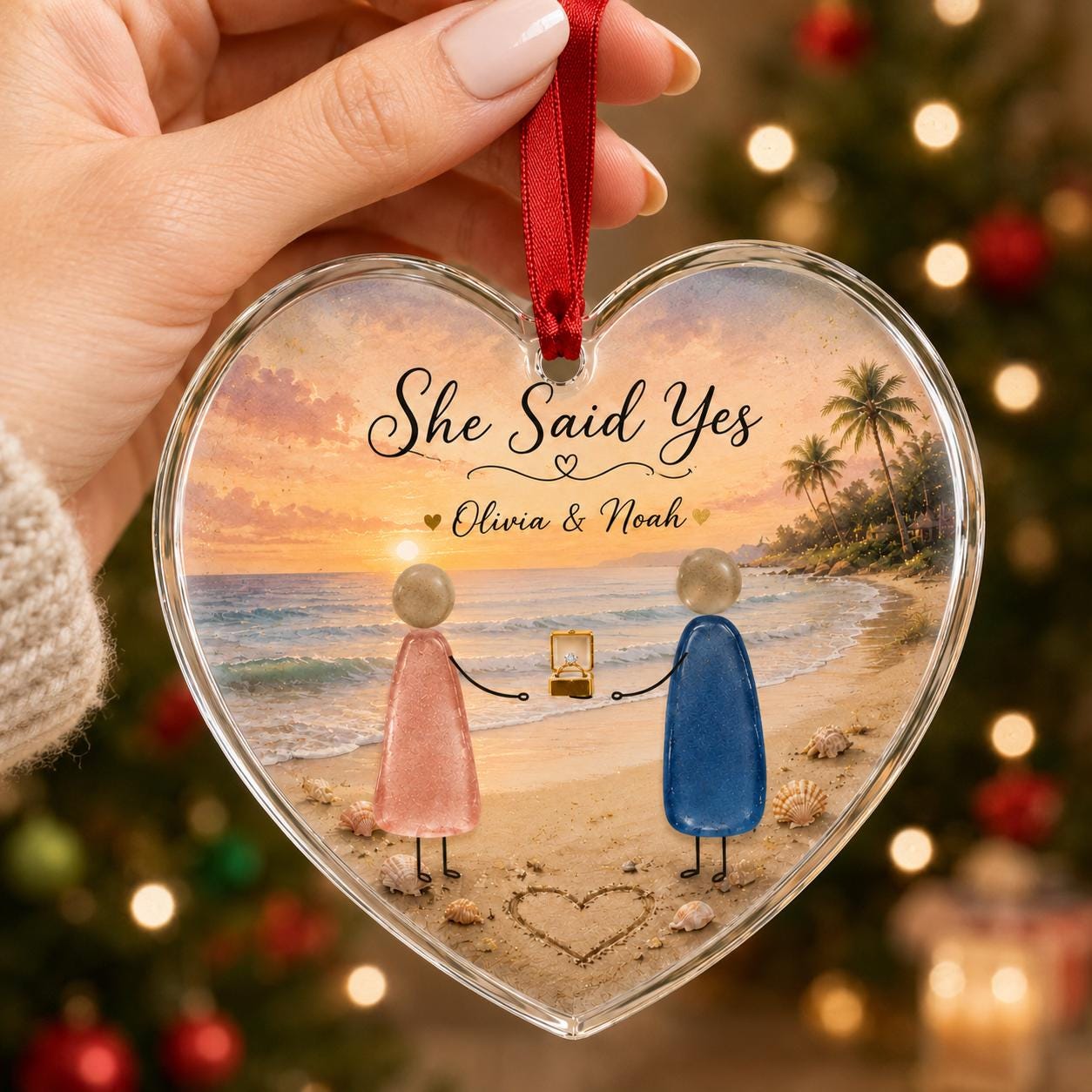 Personalized Engagement Glass Ornament, She Said Yes Heart Ornament, Custom Couple Beach Proposal Keepsake, Engagement Gift Ornament 2026