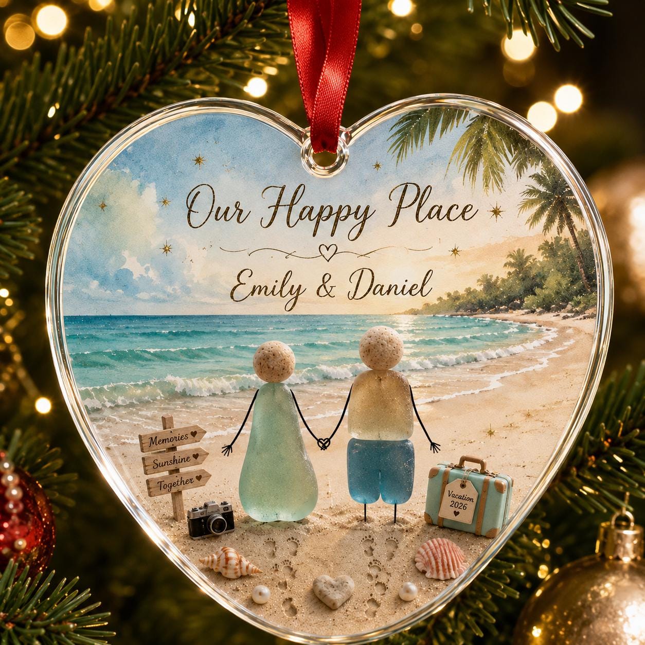 Personalized Couple Beach Glass Ornament, Our Happy Place Heart Ornament, Custom Names Vacation Keepsake, Romantic Christmas Gift 2026