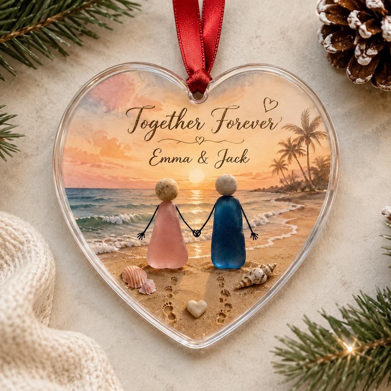 Personalized Couple Beach Glass Ornament, Together Forever Heart Ornament, Custom Names Romantic Christmas Keepsake, Anniversary Gift 2026