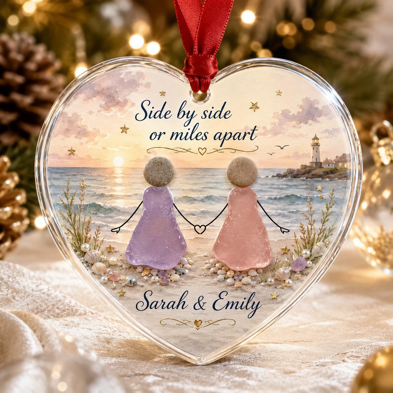 Personalized Sister Glass Ornament, Best Friend Side by Side or Miles Apart, Beach Keepsake, Long Distance Sister Christmas Gift 2026 Decor