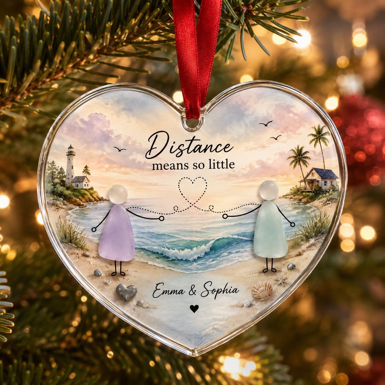 Personalized Long Distance Sister Best Friend Glass Ornament, Custom Beach Heart Keepsake, Miles Apart Christmas Gift Sister Holiday Decor